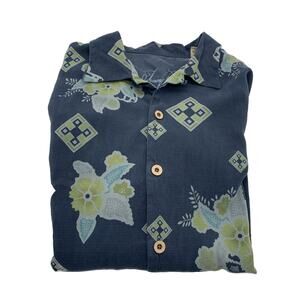 Tommy Bahama 100% Silk Hawaiian Camp Shirt Men’s L Blue Hibiscus Design Read